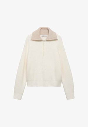 Cream-colored pullover with ribbed texture, half zip closure, and a contrasting beige collar. Long sleeves and elastic hemline.