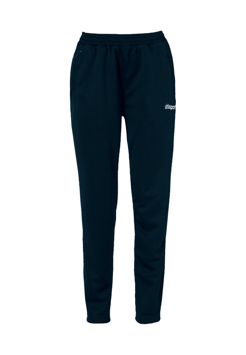 Pantalons de survêtement bleu marine avec une taille élastique, des jambes fuselées et un petit logo blanc sur la cuisse gauche. Fabriqués en tissu doux et texturé.