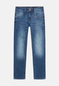 Jean en denim bleu avec une coupe classique, présentant un design délavé, un style à cinq poches et une fermeture à bouton à la taille.