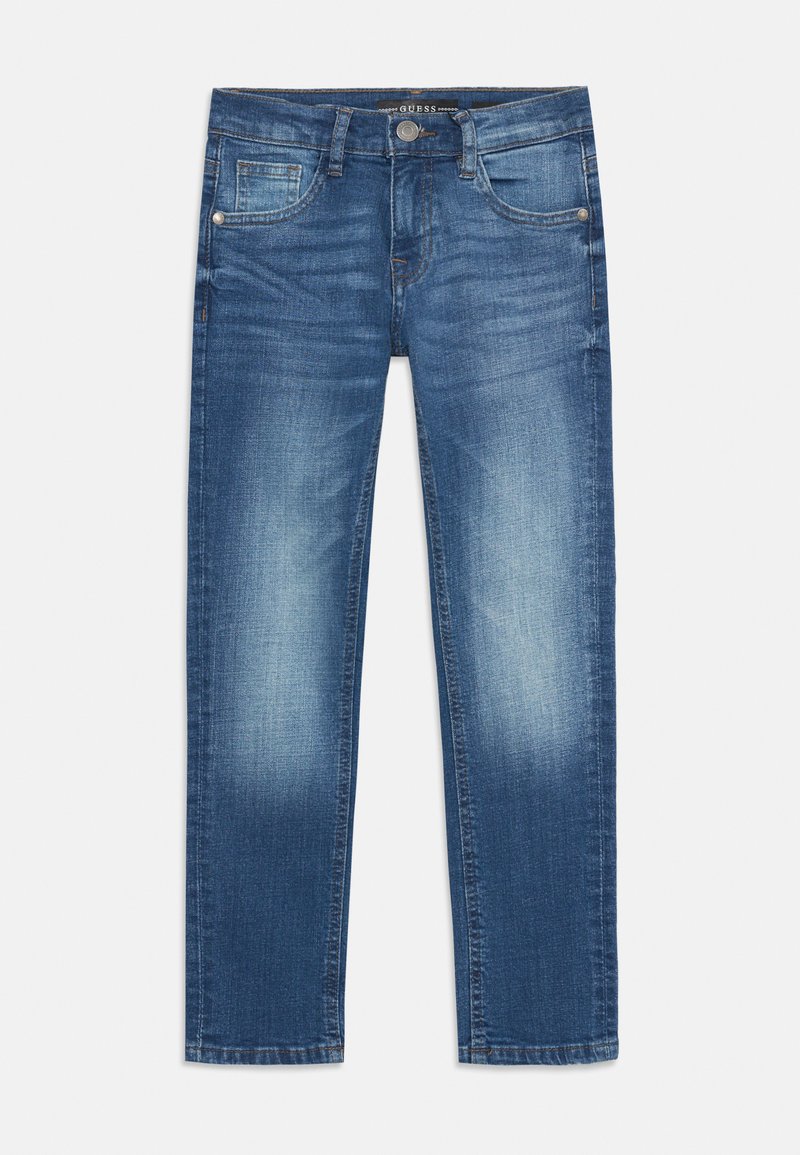 Jean en denim bleu avec une coupe classique, présentant un design délavé, un style à cinq poches et une fermeture à bouton à la taille.