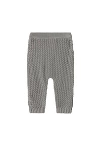 Pantaloni grigi per bambini a maglia con un motivo tessurizzato, vita elasticizzata e polsini a coste alle caviglie.