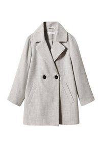 Cappotto grigio doppiopetto realizzato in tessuto testurizzato, con grandi bottoni neri, ampi revers e due tasche laterali.