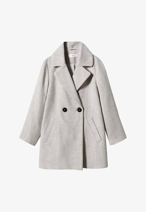 Szary dwurzędowy płaszcz wykonany z teksturowanej tkaniny, z dużymi czarnymi guzikami, szerokimi klapami i dwiema bocznymi kieszeniami.