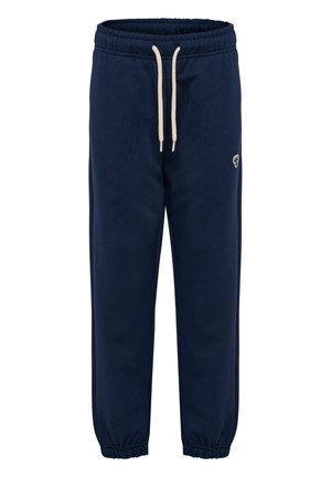 Marineblauwe sweatpants gemaakt van zachte stof, met een elastische tailleband met crèmekleurige trekkoord en elastische boorden bij de enkels.