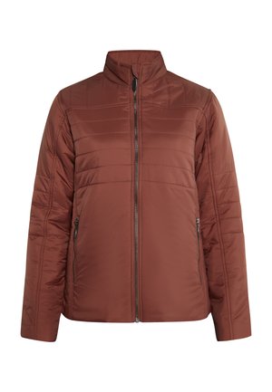 Huzatos barna dzseki magas gallérral, cipzáras előlappal, cipzáras oldalsó zsebekkel, valamint vízszintes steppelési részletekkel a mellkason és az ujjakon.