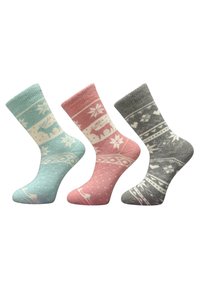 Drei Paar Sportsocken in Hellblau, Rosa und Grau mit verschiedenen Wintermustern, darunter Schneeflocken und Rentier-Designs.