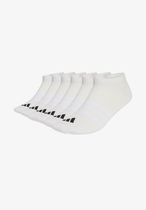 Weiße Fußknöchelsocken mit drei horizontalen Streifen in Hellgrau, mit einem schwarzen Logo an der Ferse. Set mit sechs Paaren. Hergestellt aus weichem Stoff.