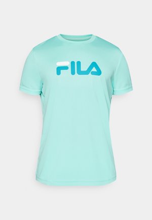 Mint green short-sleeve t-shirt with a round neckline and a white and blue FILA logo on the front. Made from a lightweight fabric.