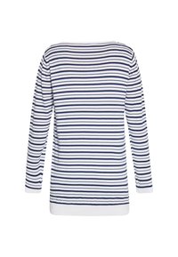 Langsleeve gestreepte top met navy en witte horizontale lijnen, zachte stof, ronde hals en een ontspannen pasvorm. Gladde textuur, casual ontwerp.