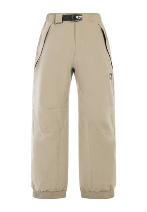 Beige cargobroek met een losse pasvorm, elastische boorden, riemlussen en meerdere zijzakken. Gemaakt van duurzaam, lichtgewicht materiaal.