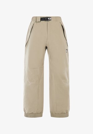 Beige cargobroek met een losse pasvorm, elastische boorden, riemlussen en meerdere zijzakken. Gemaakt van duurzaam, lichtgewicht materiaal.