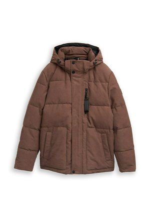 Bruine pufferjack met een capuchon, voorzien van een geborduurd ontwerp, een voorrits en twee zijzakken. Gemaakt van een gestructureerde, duurzame stof.