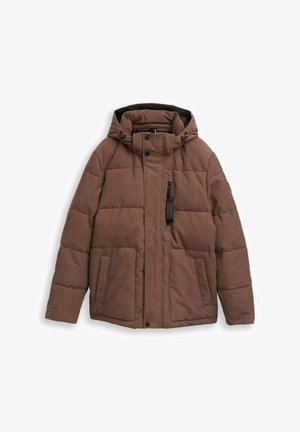 Braune Puffjacke mit Kapuze, ausgestattet mit einem gesteppten Design, einem Reißverschluss vorne und zwei Seitentaschen. Hergestellt aus einem strukturierten, strapazierfähigen Stoff.