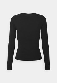 Maglione aderente a maniche lunghe in nero con collo rotondo, mostrato da dietro su uno sfondo bianco.