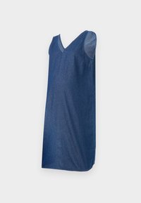 Vestido de ganga com decote em V e design sem mangas, apresentando um corte reto e uma textura lisa de azul escuro. Sem fechos visíveis.