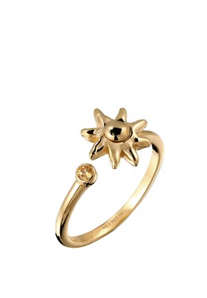 Gold-colored open ring featuring a sun-shaped design on one end and a small round yellow gemstone on the other end.