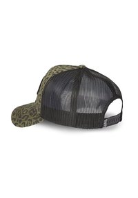 Casquette de baseball avec des panneaux avant et un visière en imprimé léopard vert olive, arrière en filet noir et fermeture à pression réglable.