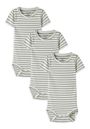 Drei Baby-Bodys mit kurzen Ärmeln, grau-weißen horizontalen Streifen und Druckknöpfen am unteren Abschluss.