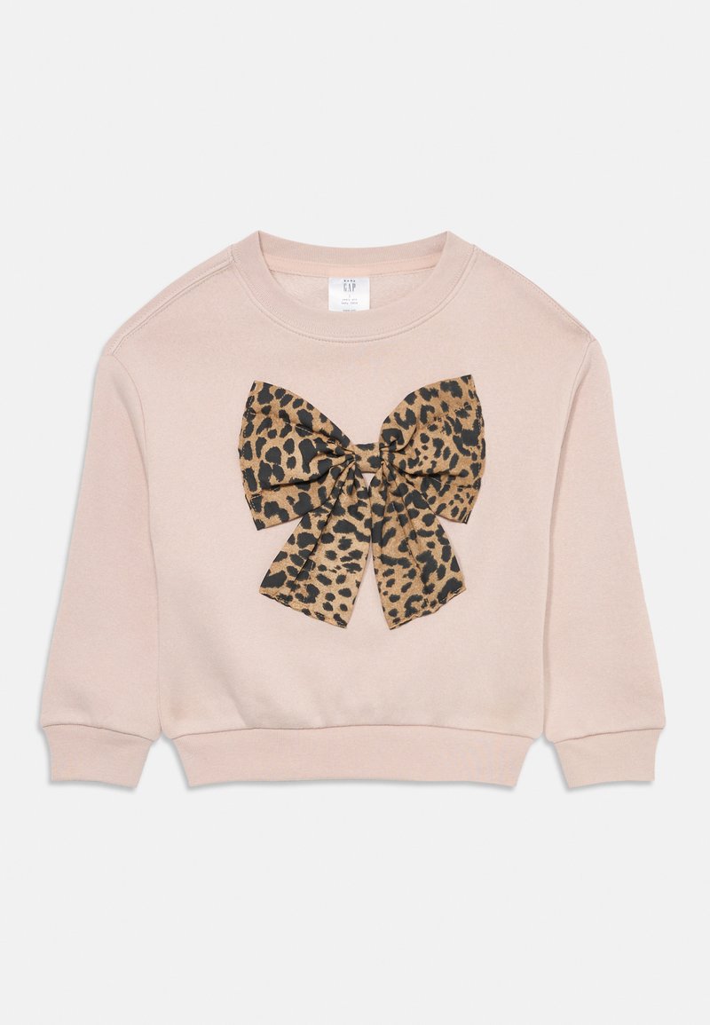 Rosa Sweatshirt mit einer großen Leopardenmuster-Schleife auf der Vorderseite. Weicher Stoff, lange Ärmel und gerippte Bündchen am Saum und an den Ärmeln.