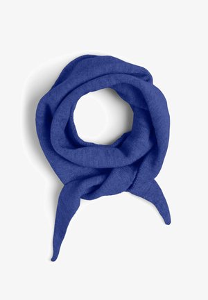 Blå strikket tørklæde med en blød tekstur, der har et løkke-design og to lange, spidse ender til at binde.