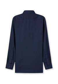 Marineblauwe longsleeve shirt, gestructureerde stof met een subtiel patroon, knopenmanchetten en een klassieke kraag, met een schone achterkant.