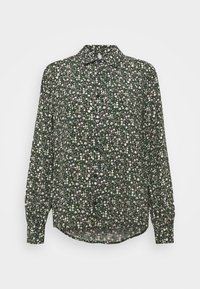 Langärmliges Hemd mit Knopfleiste aus dunkelgrünem Stoff, das ein florales Muster mit weißen und grünen Blumen aufweist. Mit Kragen und abgerundetem Saum.