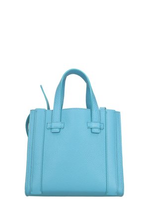 Borsetta in pelle celeste chiaro con design strutturato, doppi manici superiori e texture sottile. Presenta cuciture minime e nessuna ferramenta visibile.