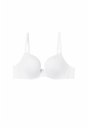 Reggiseno bianco imbottito con spalline regolabili, tessuto liscio, supporto con ferretto e chiusura a gancio e asola sul retro.