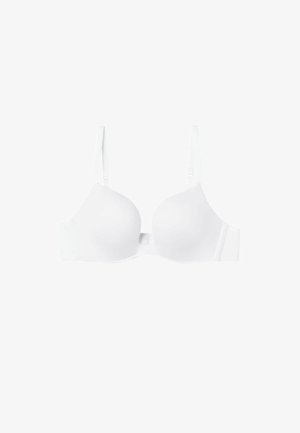 Witte gevoerde bh met verstelbare bandjes, zachte stof, ondersteuning met beugel en een haak-en-oogsluiting aan de achterkant.