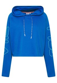 Blå kortärmad huvtröja med långa ärmar, dragsnören som är tryckta med "FILA," och neongröna konturerade "FILA"-logotypen på båda ärmarna.