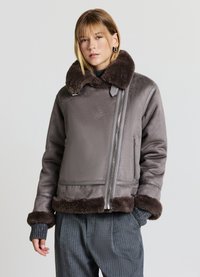 Veste en shearling grise avec un col en fourrure marron, fermeture éclair argentée et finition en fourrure marron aux poignets et à l'ourlet. Texture douce, coupe décontractée.