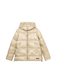 Bunda s kapucí v jemné béžové barvě s lesklým prošívaným povrchem. Obsahuje přední zip a malou koženou logo aplikaci na lemu.