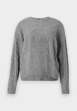 Gray cable-knit sweater with a round neckline, long sleeves, and ribbed cuffs and hem. Soft texture and relaxed fit.