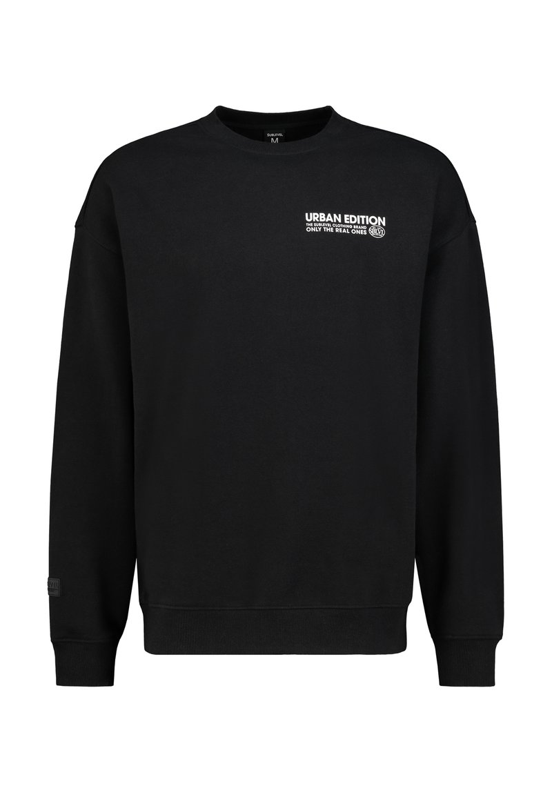 Schwarzer Sweatshirt aus Baumwollmischung. Mit Rundhalsausschnitt, langen Ärmeln, gerippten Bündchen und Frontdruck: "URBAN EDITION NUR DIE ECHTEN".