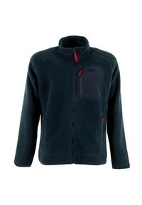 Giacca in pile di un blu navy scuro con colletto alto; presenta una tasca sul petto con zip e dettagli in zip rossi sul colletto e nelle tasche laterali.
