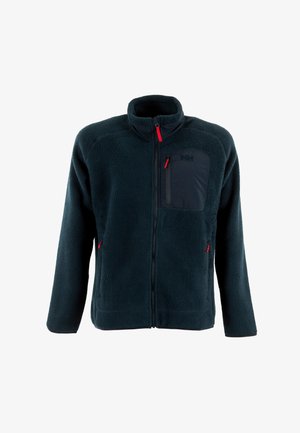 Giacca in pile di un blu navy scuro con colletto alto; presenta una tasca sul petto con zip e dettagli in zip rossi sul colletto e nelle tasche laterali.