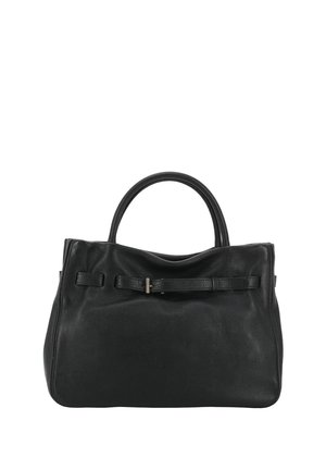 Black leather handbag with double rounded handles and a slim buckle strap detail on the front, shown against a white background.