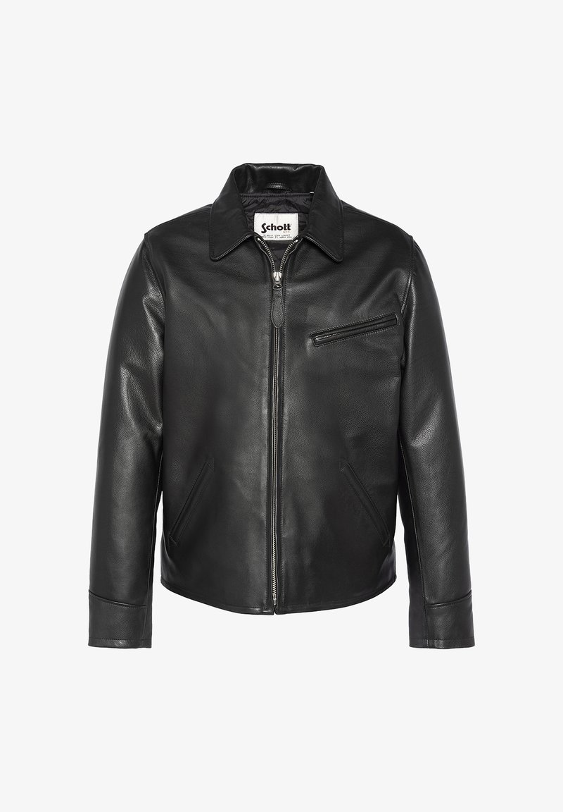 Schwarze Lederjacke mit Reißverschluss vorne, spitzem Kragen, zwei seitlichen Taschen und einer Reißverschlusstasche auf der Brust, die eine glatte Textur und eine taillierte Passform aufweist.