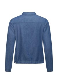 Džinsu jaka, vidēji zila krāsa, garas piedurknes, apkakles dizains, taisna griezuma, elastīga vidukļa josta un aizmugurējā yoke detaļa.