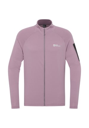 Lichtpaarse lange mouwen jack met volledige rits aan de voorkant, geribbelde textuur, contrasterende donkere rits en een logo op de borst en het mouwzakje.