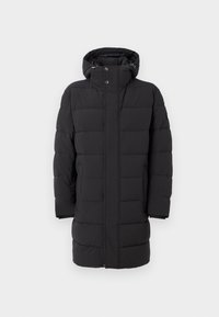 Manteau rembourré noir avec capuche, présentant une fermeture éclair et des boutons-pression, de larges panneaux matelassés et une coupe mi-longue.