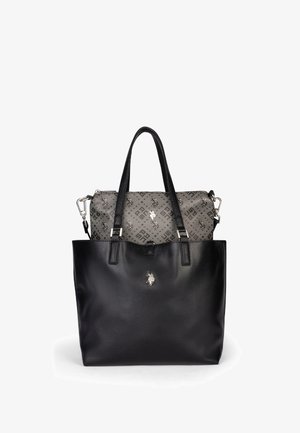 Sort læder shopper med to håndtag og en mindre grå mønstret pung med hest og rytter logoer indeni.