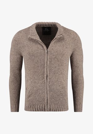 Maglione beige a zip con colletto a coste, maniche lunghe e tasche laterali. Tessuto testurizzato con dettagli a macchie in tutto il capo.