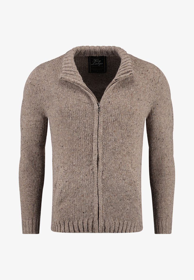 Beige kötött zipzáros kardigán bordázott gallérral, hosszú ujjakkal és oldalzsebekkel. Textúrált anyag, az egész felületén pettyes részletekkel.