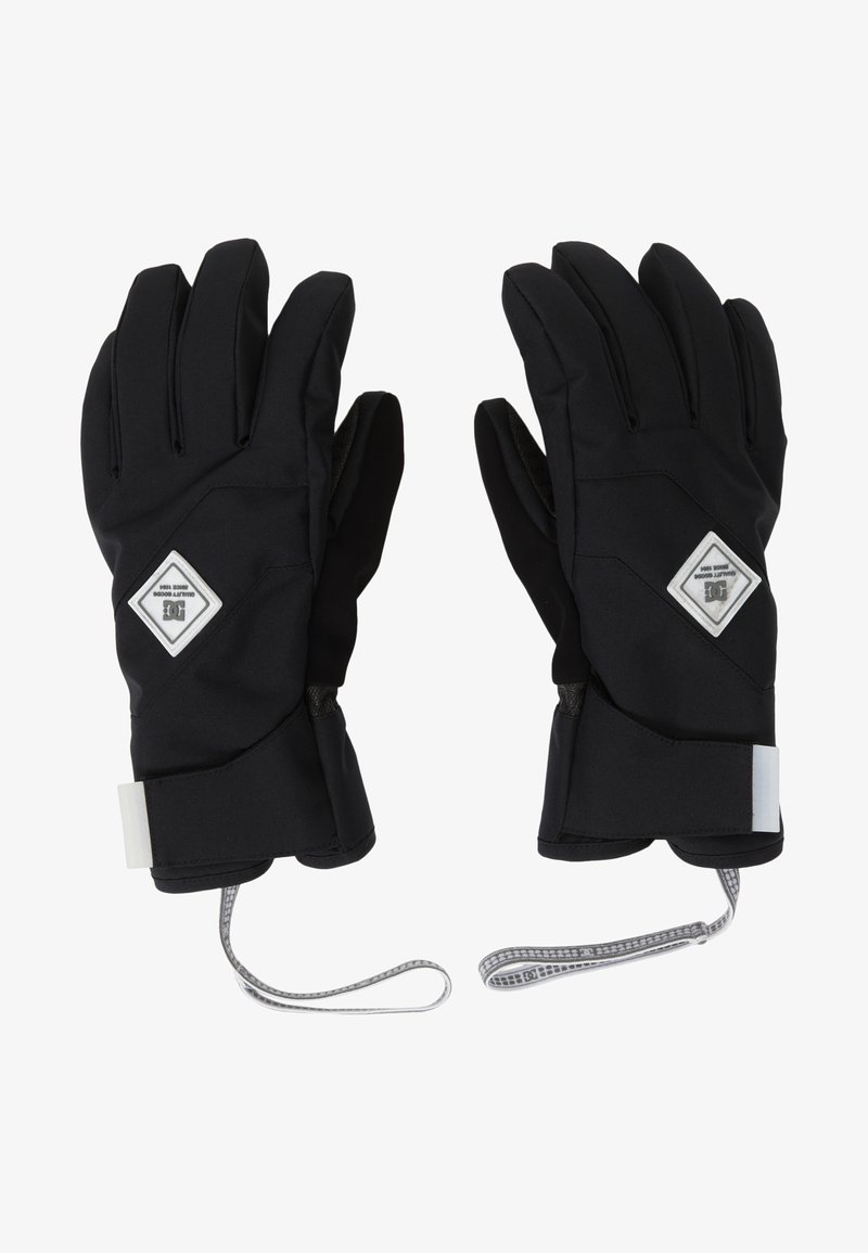 Gants isolants noirs avec une couche extérieure texturée, des sangles de poignet ajustables et un patch en forme de diamant sur le dos de la main.