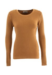Maglione a maniche lunghe a coste di colore senape. Presenta un collo tondo e bottoni decorativi sulle spalle. Realizzato in tessuto lavorato a maglia testurizzato.