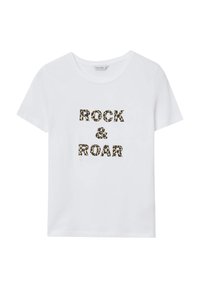 T-shirt bianco in cotone con la scritta "ROCK & ROAR" in un motivo leopardato. Vestibilità classica con maniche corte e colletto a girocollo.