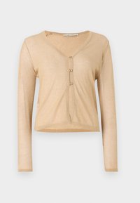 Beige langærmet cardigan lavet af tekstureret, skinnende stof med V-udskæring og tre-knap lukning foran.