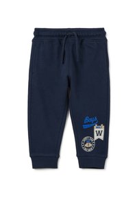 Marineblauwe jongens joggerbroek met elastische tailleband en trekkoord, versierd met honkbalthema-patches met de teksten "Boys", "Wolf" en "Varsity Team".