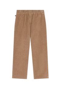 Pantaloni in corda marrone con design a gamba larga, vita elastica e una consistenza morbida. Il tessuto presenta un sottile motivo a coste.
